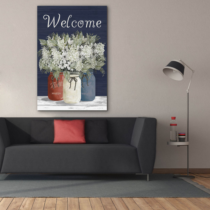  «Welcome Red, White & Blue Jar Trio» par Cindy Jacobs, art mural sur toile, 40 po x 60 po