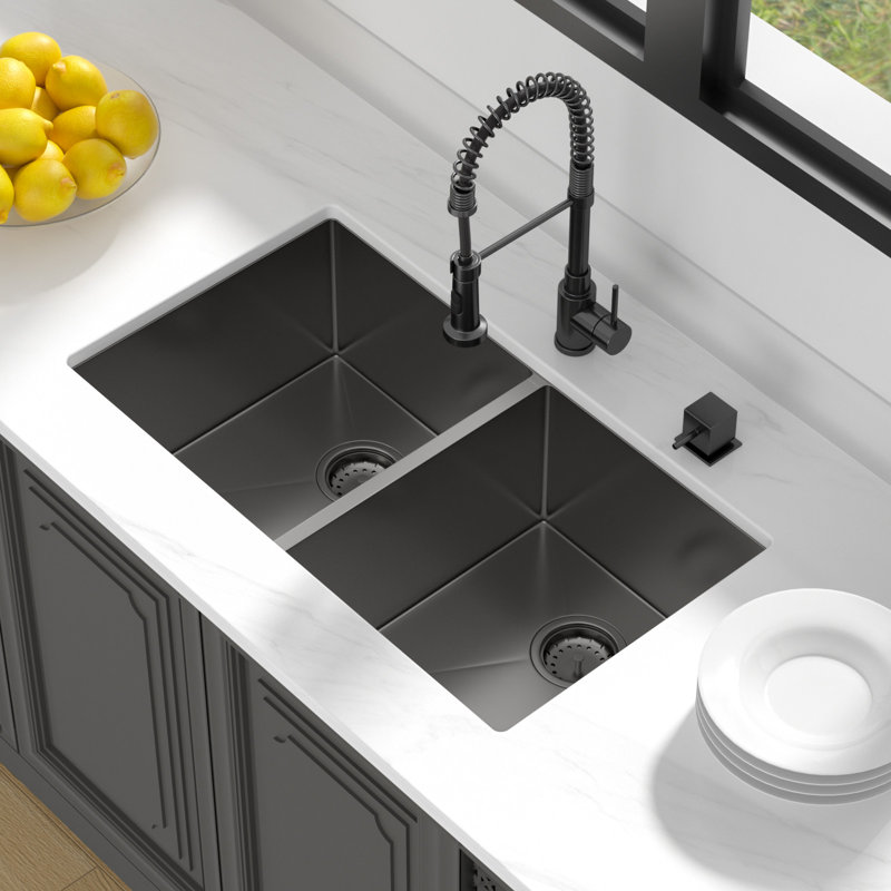 33" L x 19" W Undermount Double Bowl 50/50 Kitchen Sink Gunmetal Black 16 Gauge Stainless Steel Sink