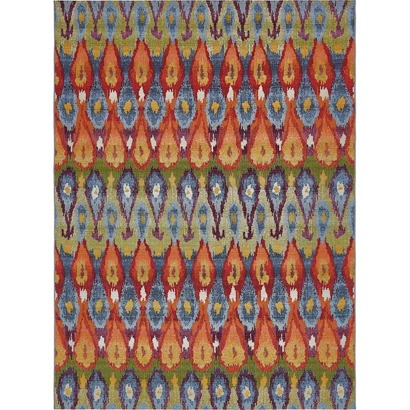 Tapis bleu intérieur / extérieur Newt Ikat, Rectangle 8 pi x 11 pi 4 po