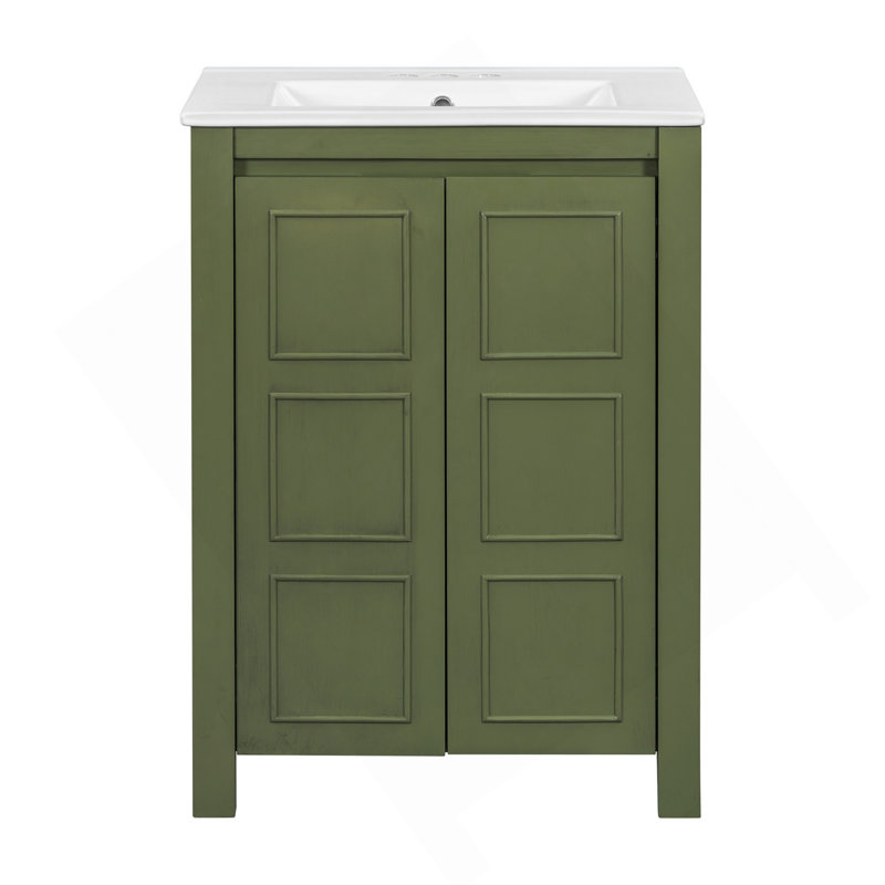 Petit meuble-lavabo de style vintage 24 po avec lavabo en céramique, 2 portes à fermeture douce, tablette réglable