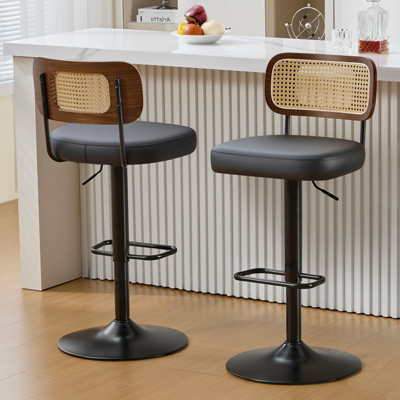 Tabourets de bar pivotants à hauteur ajustable 360 ° avec dossier en rotin, Noir