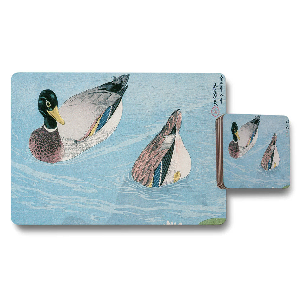 Duck Themed Placemat And Coaster Set With Water Scene Artwork