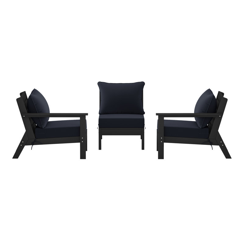 3-Piece Deep Seating Set With Cushions, Black, Navy Blue