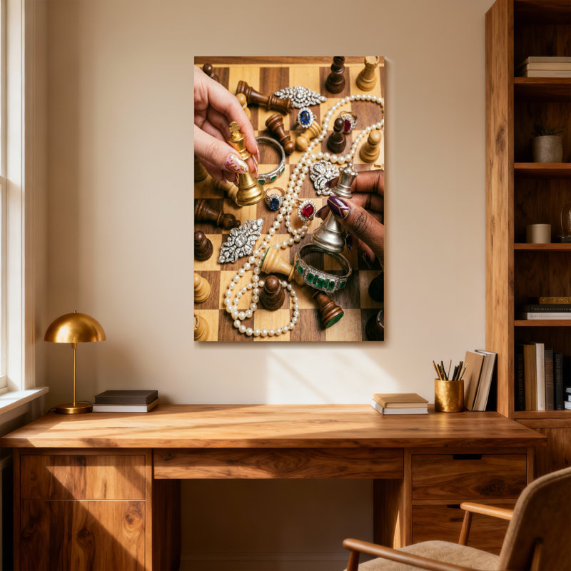 Mode échiquier, bijoux, mains, pierres, anneaux, perles, pièces, H 40 po x l 28 po