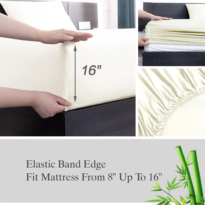 100% Rayon from Bamboo Sheet Set, 16" Deep Pocket Cooling Silky Soft Bed Sheets, Cream