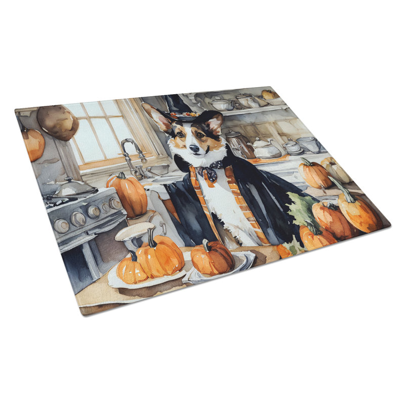 Corgi Fall Kitchen Pumpkins Glass Cutting Board Large