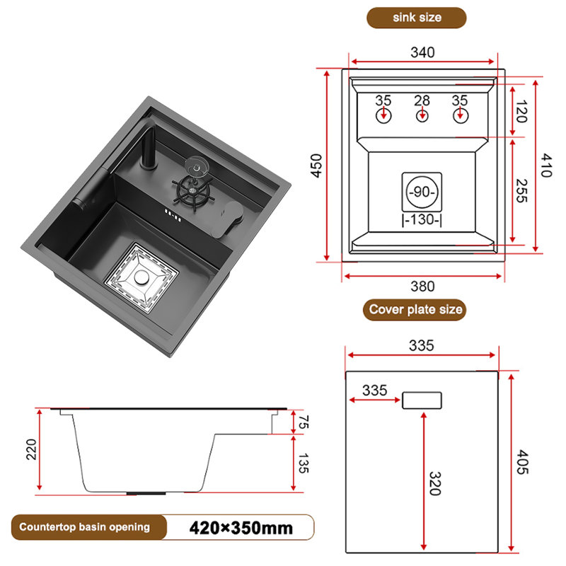 45x38cm Bar Single Bowl Stainless Steel Hidden Kitchen Sink with Lid Faucet Undermount Small Sink RV