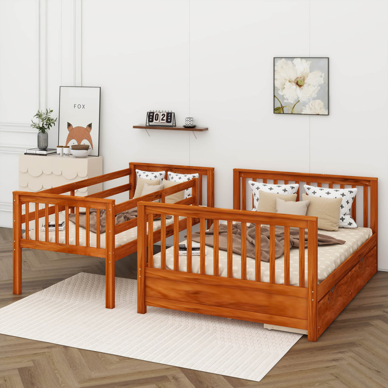 Twin Over Full Bunk Bed With Dual Ladders And Storage Drawers, Walnut