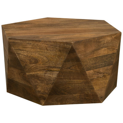 Table basse à plateau hexagonal en manguier massif - 18 pouces de haut, 35 pouces de large, fabriquée à la main, facettes triangulaires pour un look audacieux fabriqué de 18 x 35 x 35 pouces, support, finition naturelle