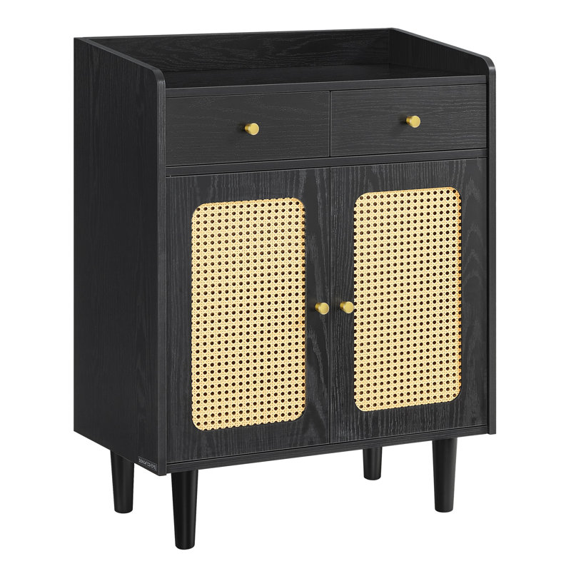 Storage Cabinet With Rattan-like Doors And Drawers, Black/Brown