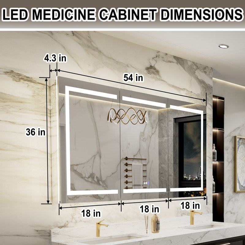 36 in. H Recessed/Surface Mount LED Medicine Cabinet with Mirror And GFCI, 36" H x 54" W x 5" D