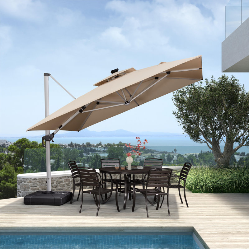 Square Cantilever Parasol with Lights, Beige, 274cm H x 330cm W x 330cm D