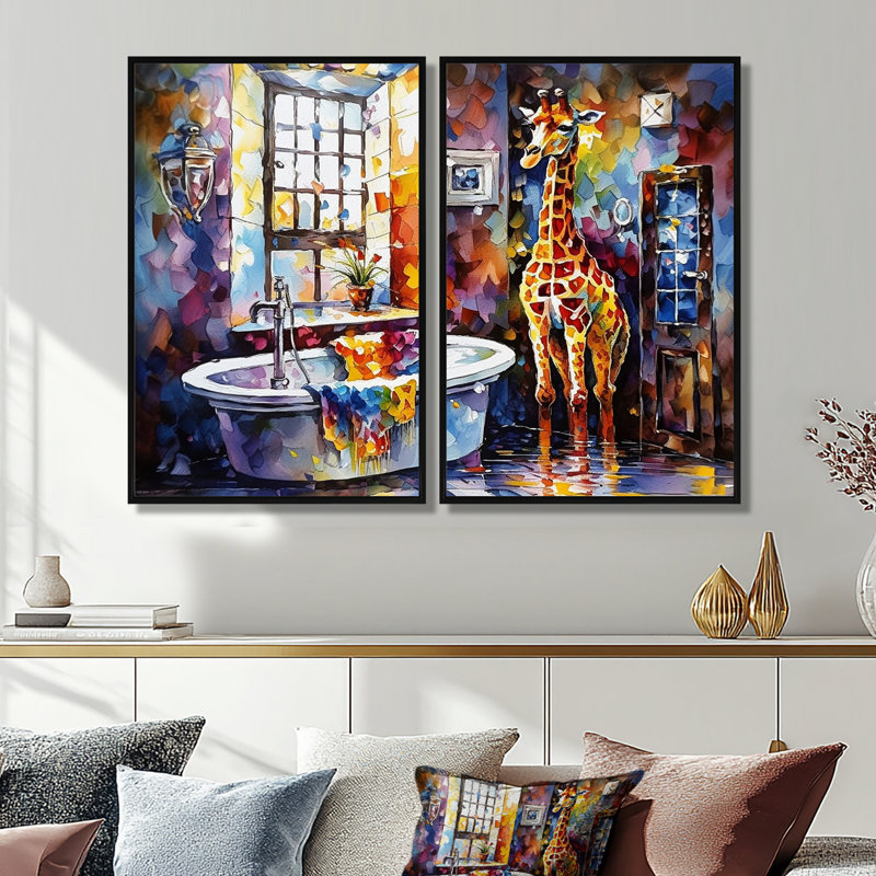 Girafe colorée dans la salle de bain - Grande décoration murale 2 pièces, H 36 po x l 48 po, Impression encadrée flottante
