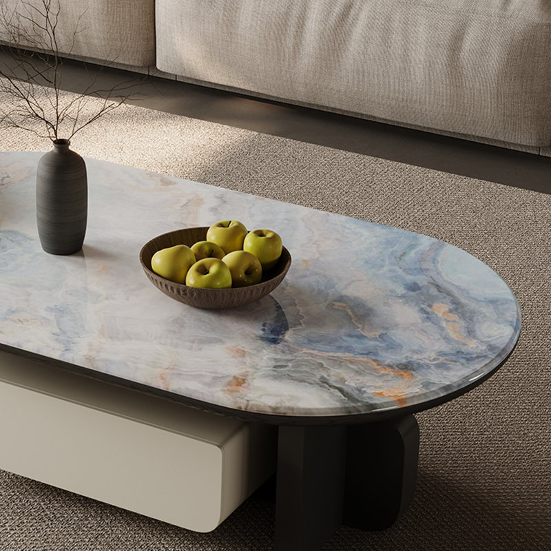 Table basse en pierre micro-cristalline, Bleu / Blanc / Orange