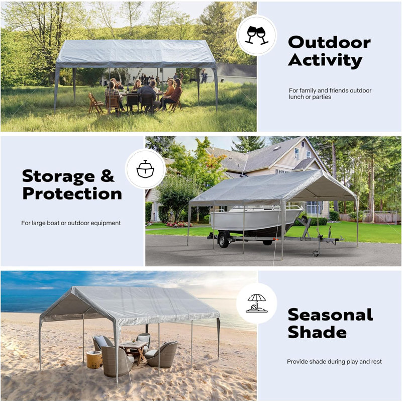 Gray 20 ft. x 10 ft. PE Fabric Carport Replacement Canopy Cover