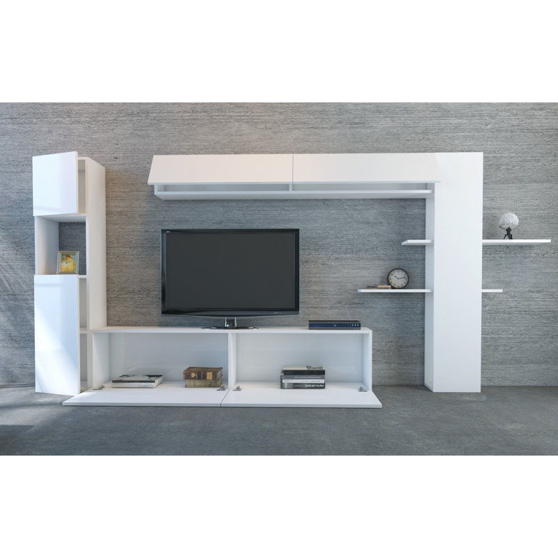 Modern White TV Unit with Wall Shelf, 84.6 x 59.1 x 12.4 inches | 100% Melamine Coated Particle Board, Thickness: 0.7 inches | Features Numerous Shelves & Wall-Mountable Design for Elegant Living Rooms