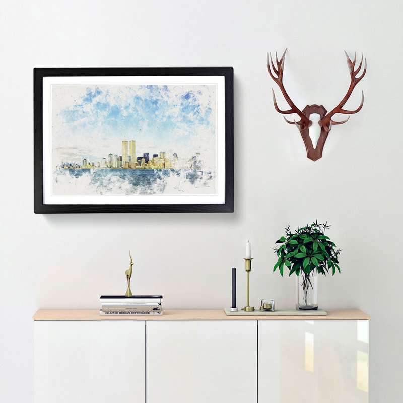 New York Skyline with the Twin Towers - Picture Frame Graphic Art Print, 24cm H x 33cm W x 2cm D, Black Framed