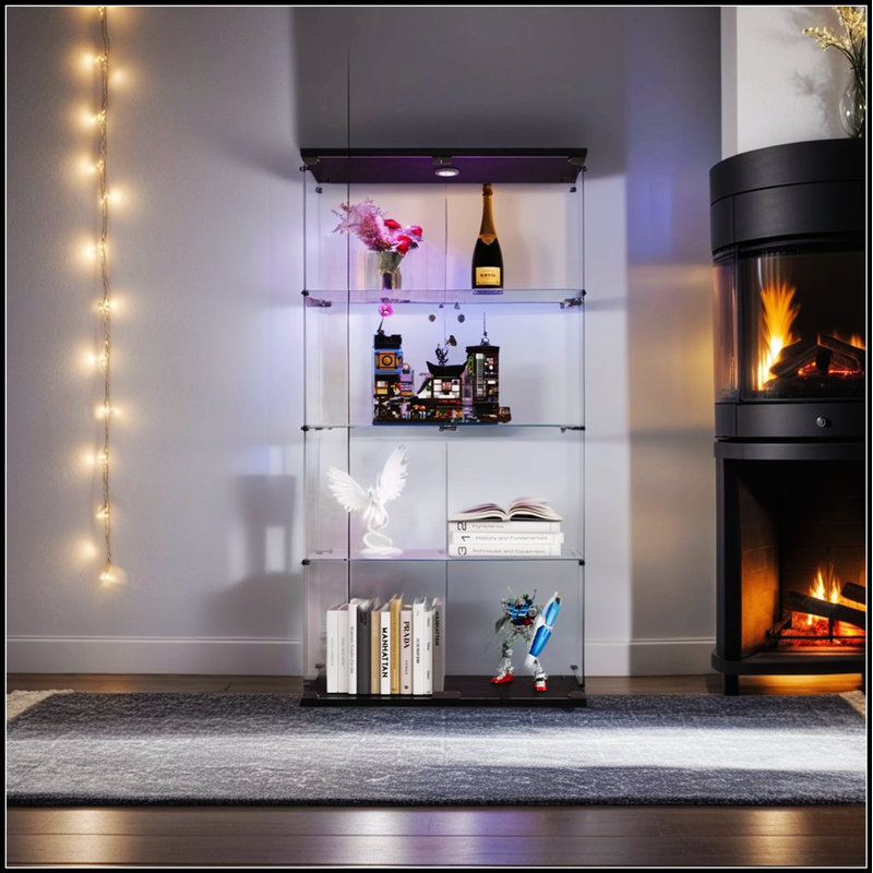 Vitrine lumineuse en verre à deux portes avec 4 tablettes réglables, noir, pour un rangement et une vitrine élégants, Noir