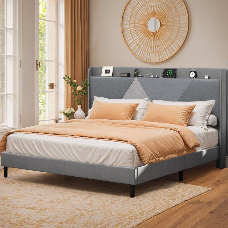 Gibram Upholstered Wingback Bed, Queen, Gray