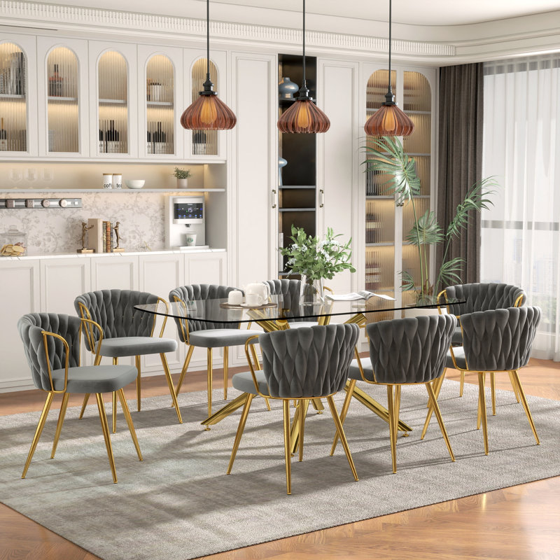 Elegant 71" Modern Retro Dining Table Set For 4-8, Rectangular Glass Top Dining Table With Stainless Steel Base & Velvet Arm Chairs, Multi-Purpose Kitchen Dining Room Furniture For Gathering, Living Room, Restaurant