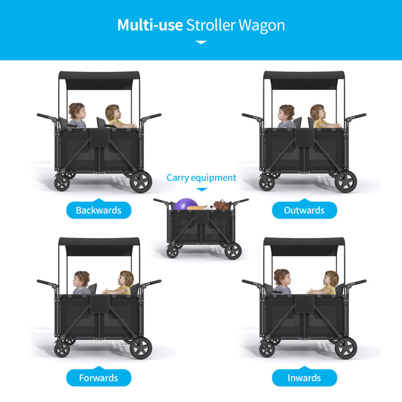 4-seater Stroller Wagon, Folding Push-pull Stroller,5-point Harnesses,adjustable Handle,black/grey, Black