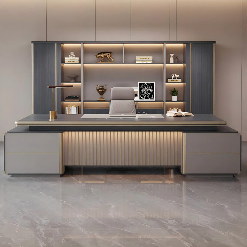 Bureau de direction en L 110,24 "gris minimaliste moderne, H 29,92 po x l 110,24 po x P 78,74 po