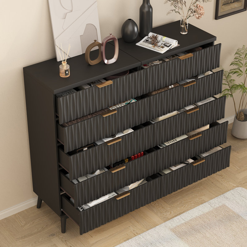 Commode à 5 tiroirs de 27,5 po Adkins pour chambre à coucher, commode haute en bois cannelée de H 47,2 po (ensemble de 2)