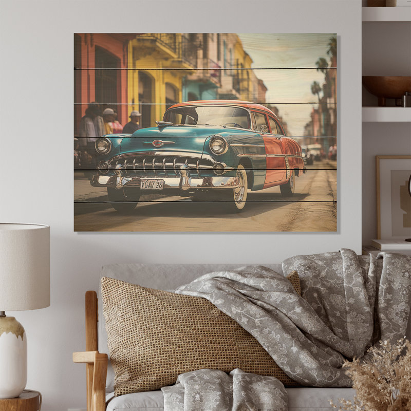 «Cuba Classic Iconic Car I - Cuba Landscape», art mural sur bois de pin naturel, H 30 po x l 40 po
