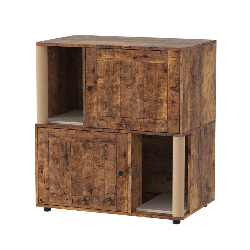 Double bac à litière pour chat, enceinte cachée avec poteaux en sisal et tapis, porte rainurée Tigerwood, Brown