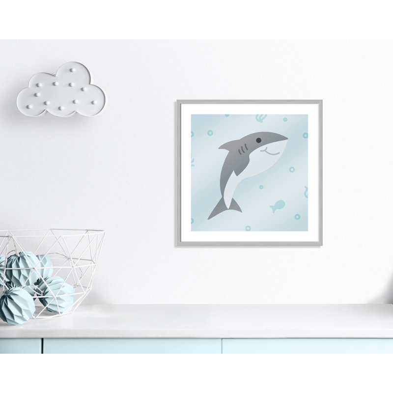 «Happy Shark», impression sur papier, H 22,5 po x l 22,5 po x P 1,18 po, Encadré de boîte argent
