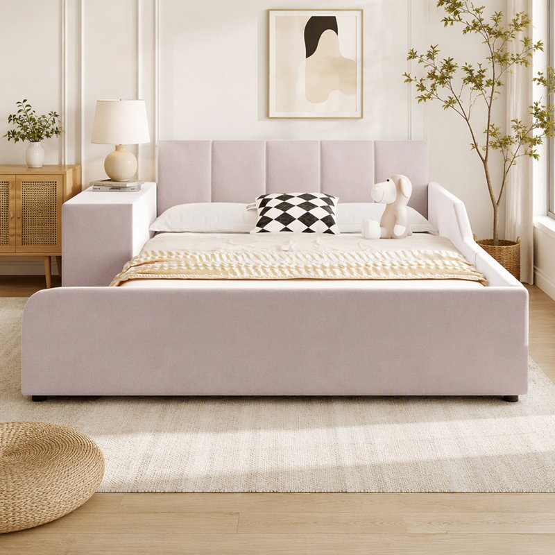 Lit tapissier en velours avec bureau de chevet et petit tabouret rond, Lit double, Rose