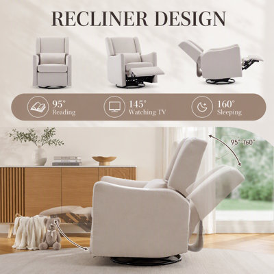 Fauteuil inclinable à bascule pivotant à oreilles de 29,5 po de largeur, coulissant pour chambre de bébé et salon, confortable et élégant