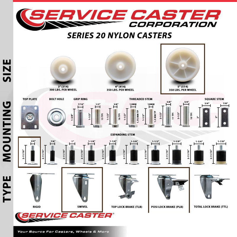Ensemble de roulettes extensibles en nylon pivotant sur roues 3/4 po 2 freins SCC