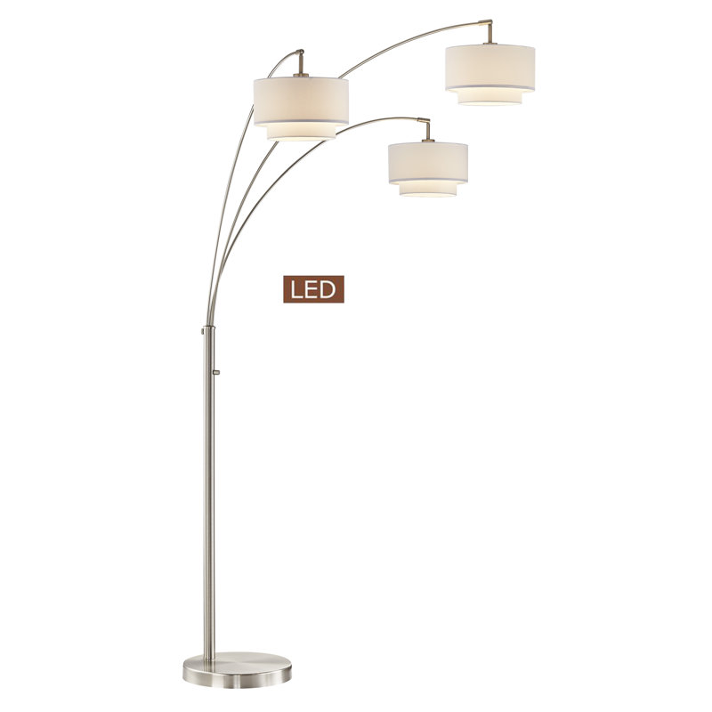 Lampe sur pied arquée 80 lumières DEL avec double abat-jour Lumiere III, Nickel satiné, Blanc cassé