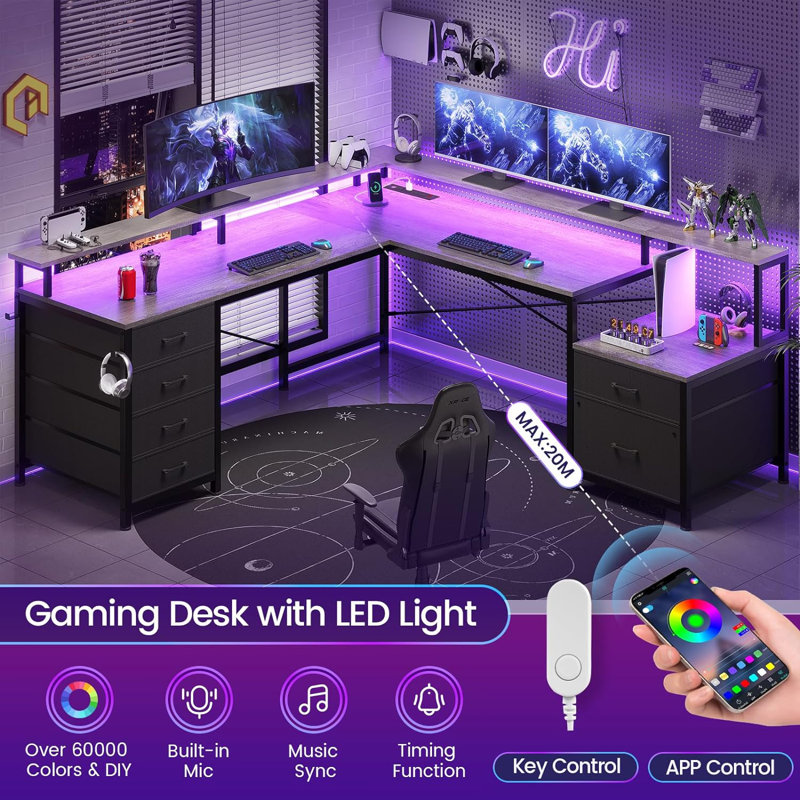 Rockville 108.2'' W L-Shaped Computer Desk with Drawers and Power Outlets, Grey/Black