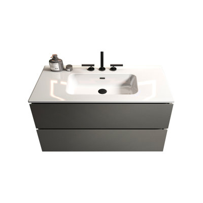 Meuble-lavabo mural 36 po - Lavabo en céramique gris espace avec rangement à trois tiroirs silencieux