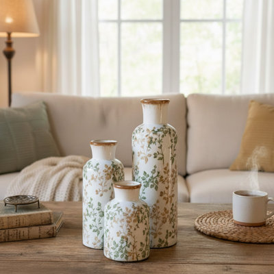 Triple Ceramic Vase Set With Crackle Glaze And Botanical Design