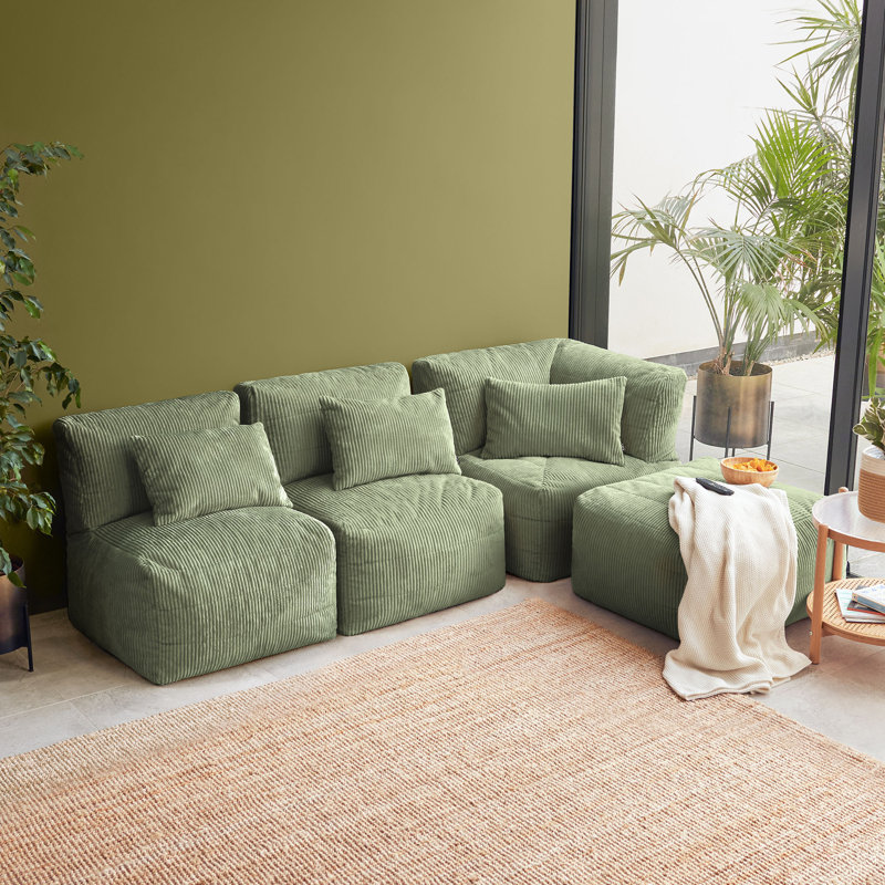 icon Noa Modular Bean Bag Sofa, 4 Piece, Jumbo Cord, Stone, Sage Green