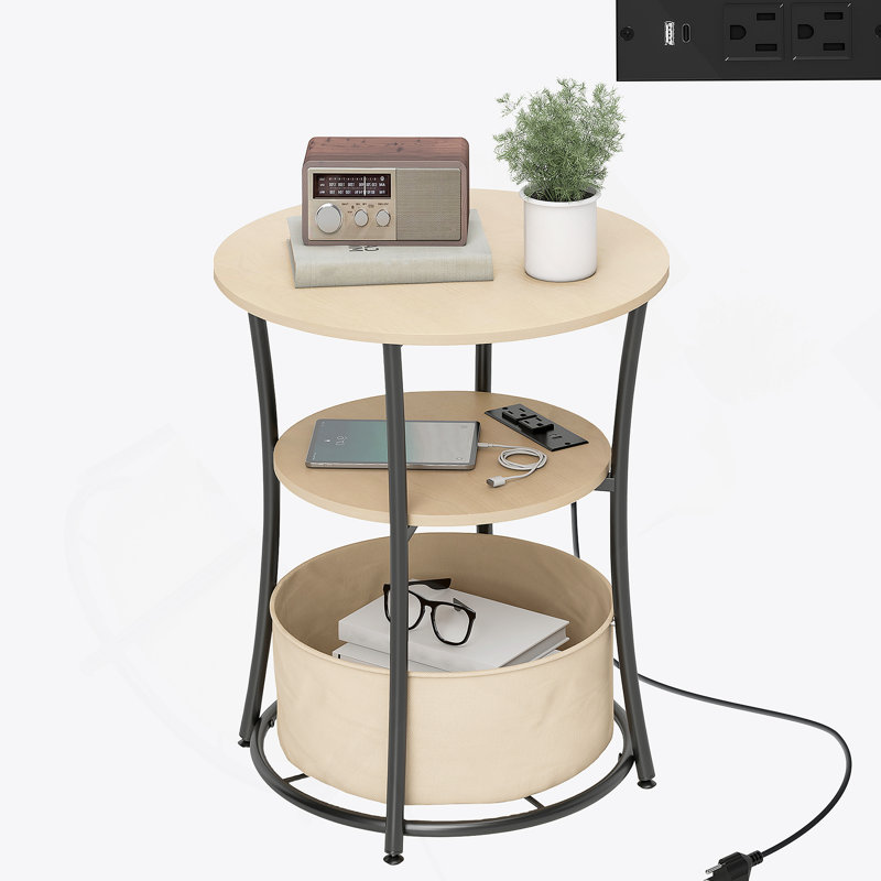 Table basse Table d'appoint ronde avec station de charge, table de bout à 3 niveaux avec sac de rangement en tissu et tablette, bois naturel