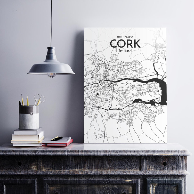 Cork City Map, impression, H 27,6 po x l 19,7 po, Noir et blanc