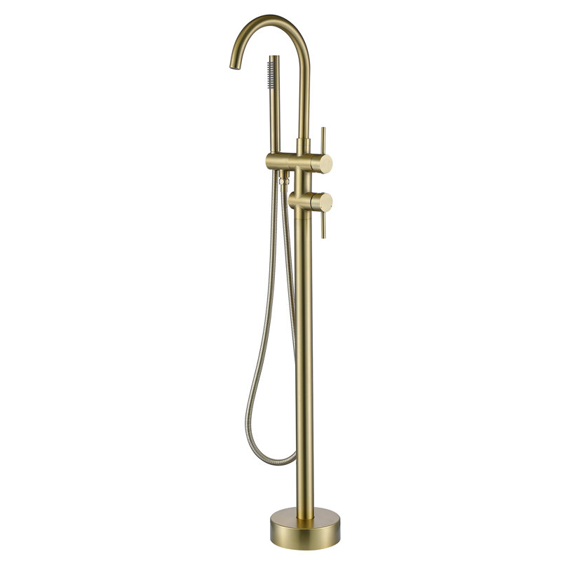 45-1/2" H Freestanding Double Handles Tub Faucet With Handheld Shower And Rotatable Spout, Brushed Gold