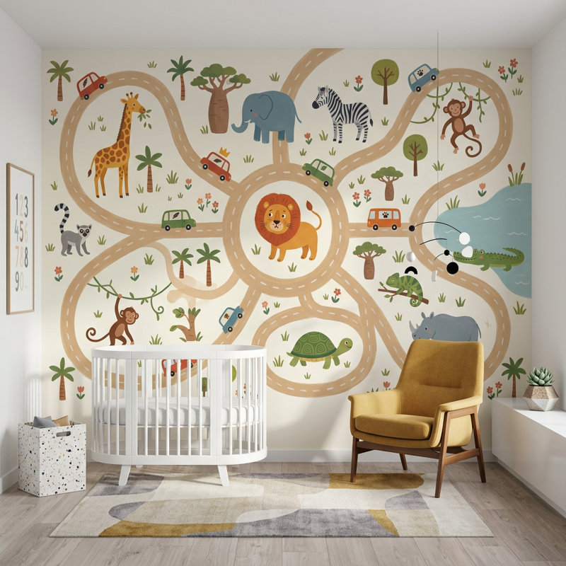 Papier peint safari, carte murale amovible pour enfants, 100 po x 96 po, Texturé non collé