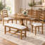 Ensemble de salle à manger extensible Cavressa 6 pièces, table à pied centrale en bois naturel avec rallonge amovible de 45 cm, 4 chaises à dossier échelle et banc de 112 cm-611896037