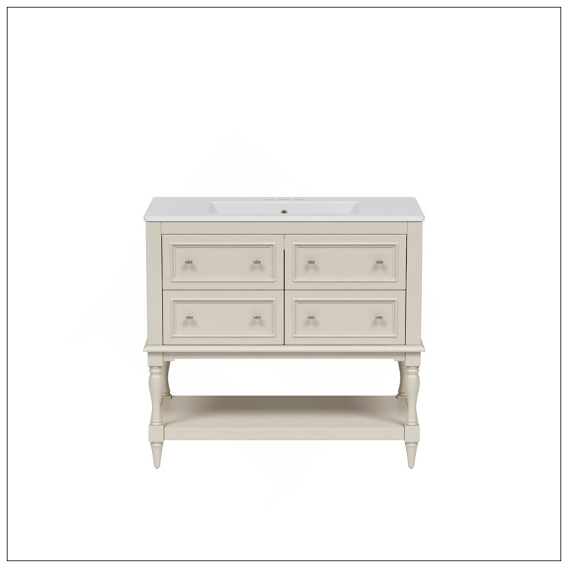 Ensemble de meuble-lavabo sophistiqué 36 po avec ensemble de meuble-lavabo, meuble-lavabo encastré en céramique, ensemble de meuble-lavabo autoportant avec 4 tiroirs, armoire de salle de bain avec cadre en bois massif