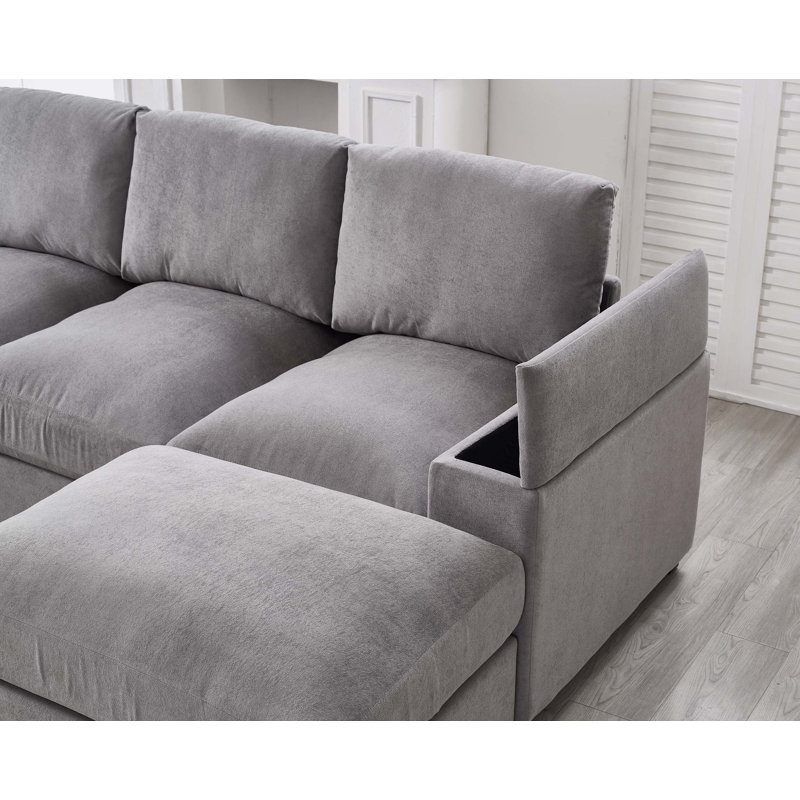 Canapé modulaire en velours côtelé avec repose-pieds et rangement pour accoudoirs, Velours côtelé - Gris
