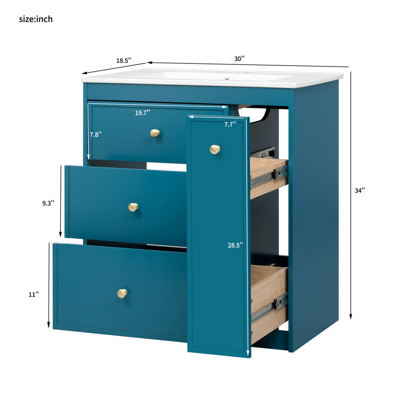 Meuble-lavabo 30 po avec lavabo en céramique, meuble-lavabo simple autoportant avec quatre tiroirs, meuble de rangement moderne pour la salle de bain, idéal pour la maison