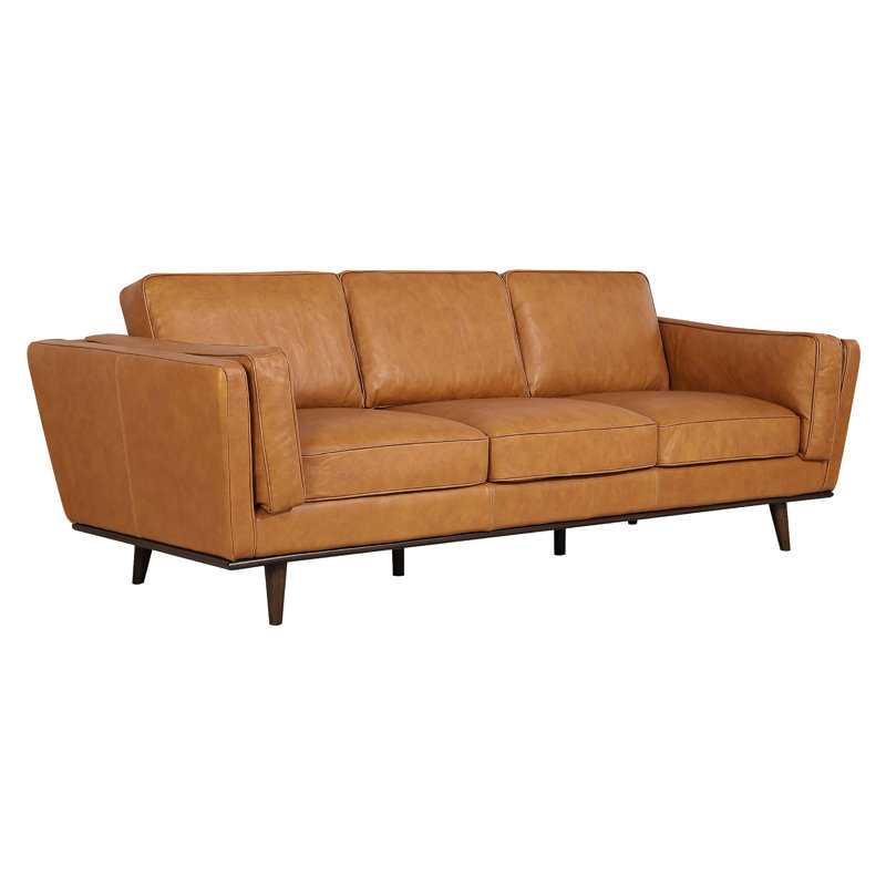 90" Mid-Century Modern Genuine Leather Sofa, Tan Genuine Leather