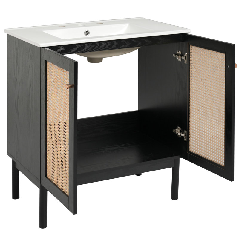 Meuble-lavabo de 30 pouces avec bois massif noir, mécanismes à fermeture en douceur et poignées élégantes avec évier facile à nettoyer et rangement intelligent