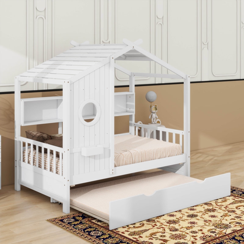 Lit avec lit gigogne Asahn, Lit simple, Blanc