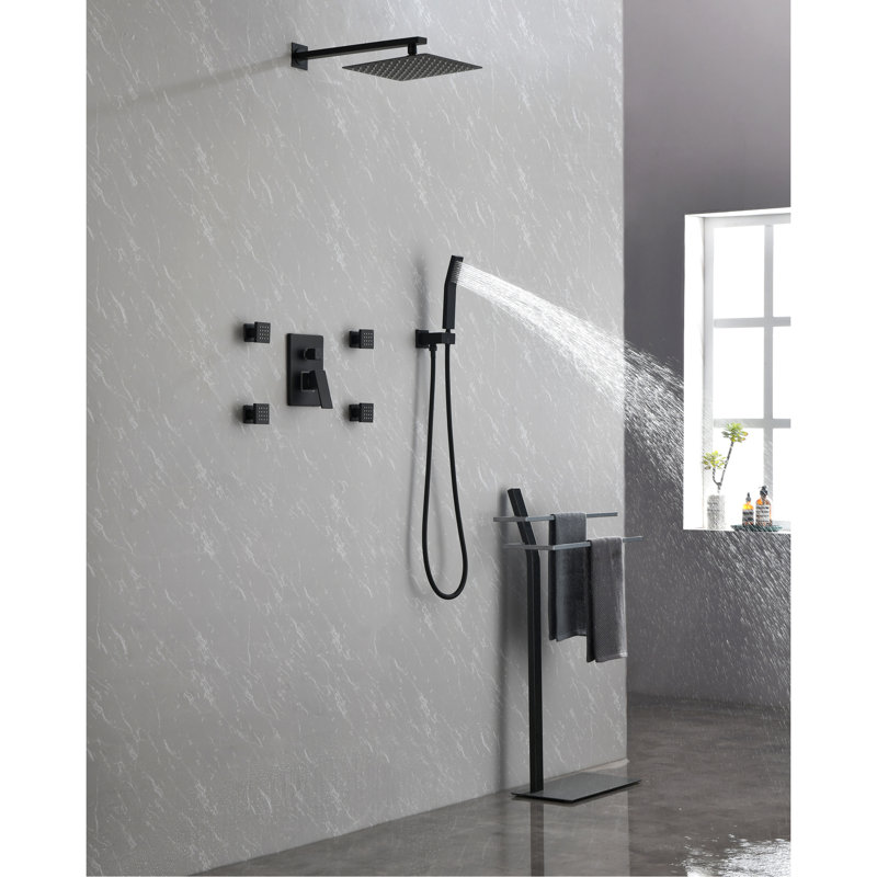 Luminaire de douche noir mat de 10 pouces avec pomme de douche carrée, douche à main, jets de corps et 3 valves d'équilibre incluant